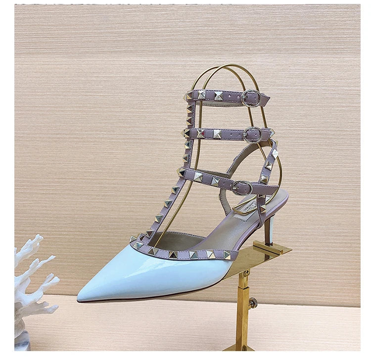 Three straps Rivet Heeled sandals luxury Women's Gladiator sandals summer Brand Slingbacks High Heels designer party Ladies Shoe