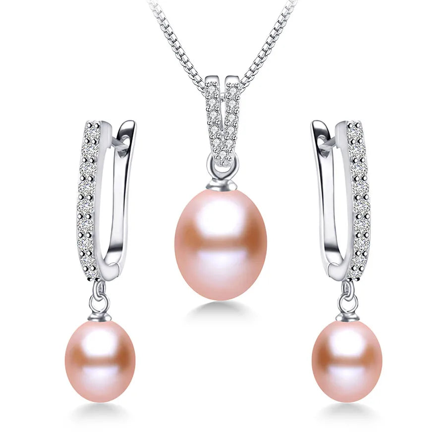 YWYC Horseshoe 8-9mm Rice Freshwater Pearl Earrings&Necklaces Jewelry Set for Women 925 Sterling Silver 45cm Pendant Necklace
