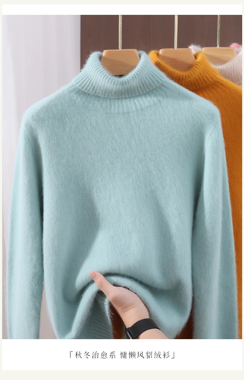 Autumn And Winter New 100% Mink Cashmere Sweater Ladies' High Lapel Solid Color Padded Pullover Wool Knitted Bottoming Shirt