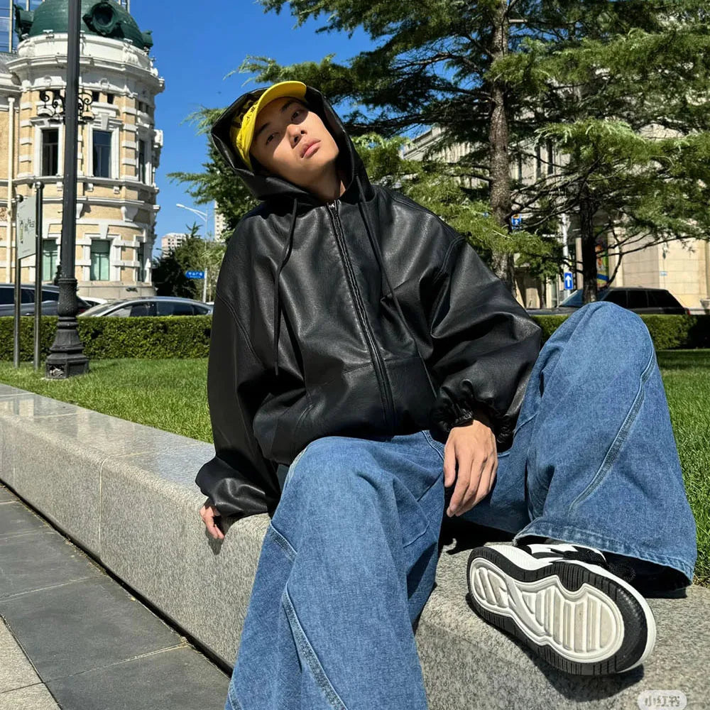 High Street Black Color Pu Leather WIndbreaker Coat Mens and Women Cleanfit Casual Loose Zipper Hooded Jackets Oversized