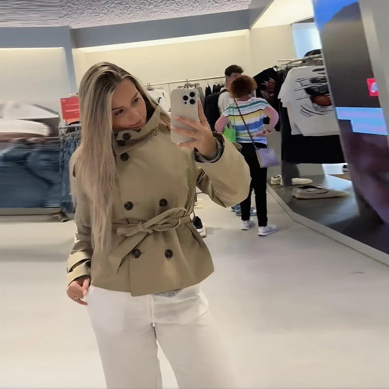 Elegant Double Belt Women Windbreaker Casual Khaki Long Sleeve Lapel Button Female Jacket 2025 Autumn Winter Lady Streetwear New