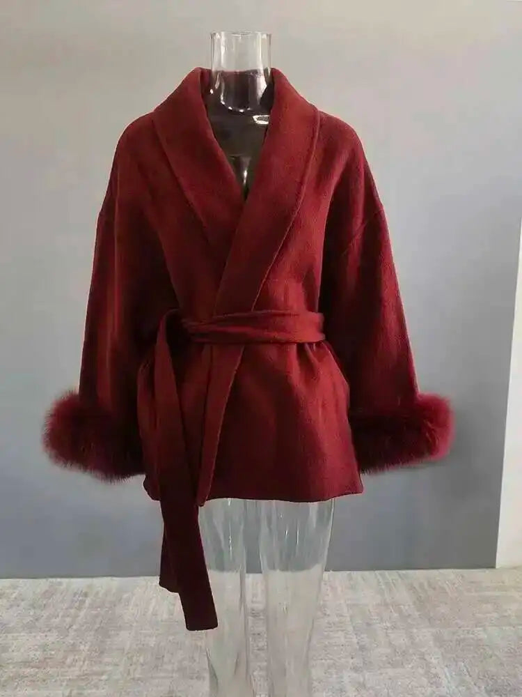 UCXQ Elegant OL Office Lady Overcoats Fur Patchwork Long Sleeve Woolen Coat Beautiful Women's Clothing Jacket Autumn 2025 Winter