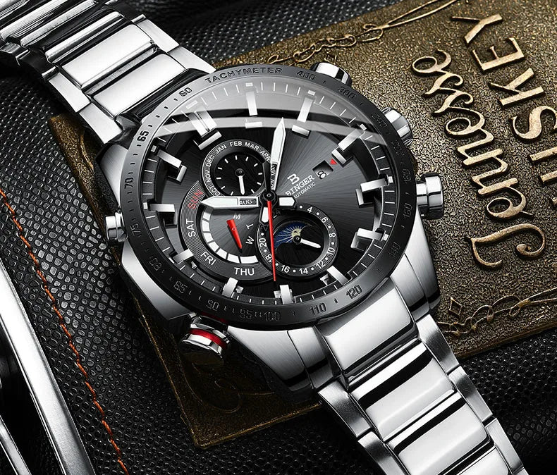 Genuine Luxury Switzerland BINGER Brand Mens Watches Automatic Mechanical Luminous Waterproof Running Calendar Male Moon Phase