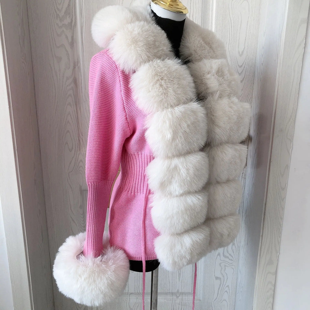 Women Faux Fur Knit Sweater cardigan Spring Autumn elegant Knitted sweater with faux fox fur collar Ladies Fashion Coat fur coat