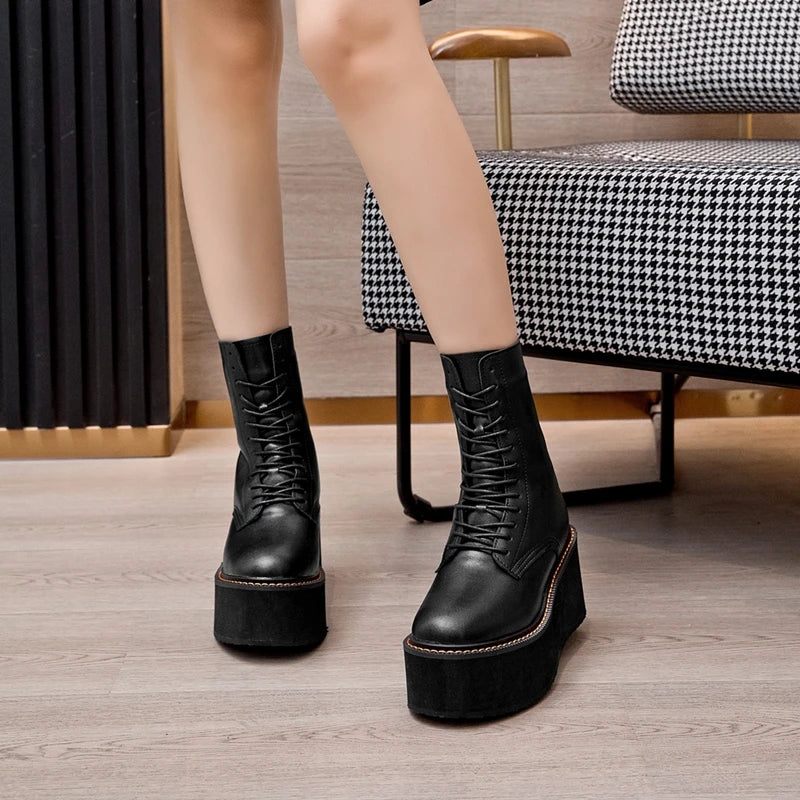 AIYUQI Women Ankle Boots Genuine Leather 2025 New Platform High Heel Short Boots Female Non-slip Large Size Women Winte Boots