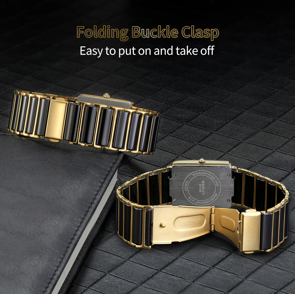 BERNY Ceramic Quartz Men Watch Fashion Luxury Rectangle Wristwatch XV12 Waterproof Calendar Diamon Black Gold Couple Gifts Watch