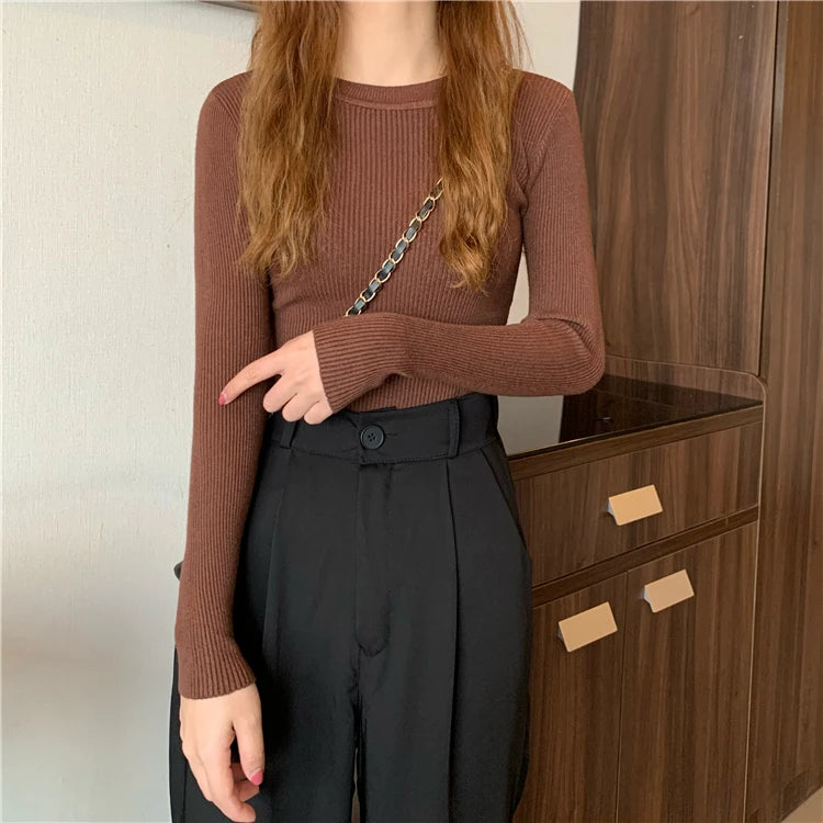 2025 New Women Sweater Autumn Winter Long Sleeve Pullover Basic Top Fashion O-neck Elastic Female Winter Solid Knitted Jumper