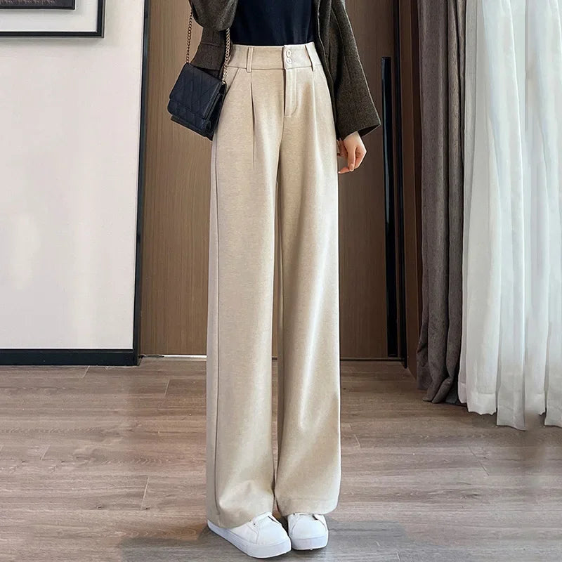 Autumn Winter Female Classic Daily Woolen Pants Girls Narrow Straight Leg Trousers Lady Solid Thicken High Waisted Pants