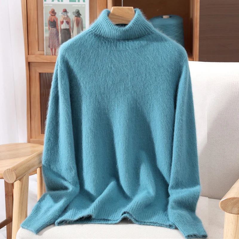 Autumn And Winter New 100% Mink Cashmere Sweater Ladies' High Lapel Solid Color Padded Pullover Wool Knitted Bottoming Shirt