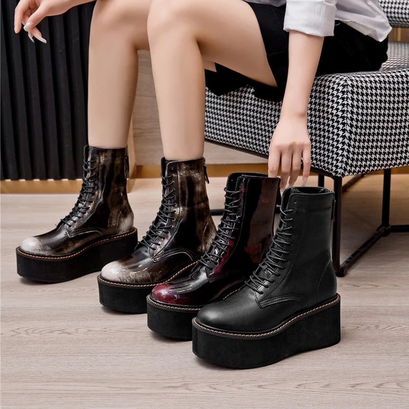 AIYUQI Women Ankle Boots Genuine Leather 2025 New Platform High Heel Short Boots Female Non-slip Large Size Women Winte Boots