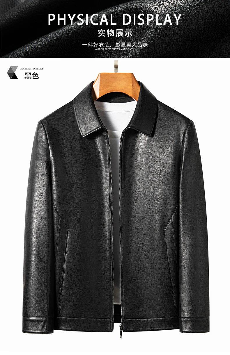 YN-2335 Spring and Autumn Men's Genuine Leather Polo Mock Neck Jacket Fashion Slim Sheepskin Coat Black Grey Husband Gift Youth