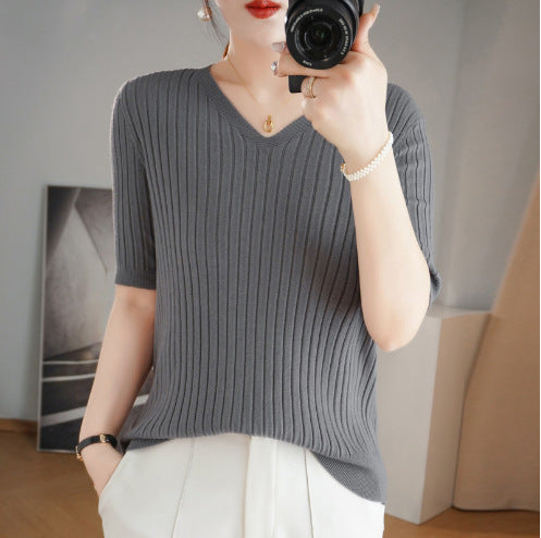 Women's Sweater Spring Summer Short Sleeve V-neck Knit Shirt Casual Korean Pullovers Stripe Bottoming Shirt Slim Fit Jumpers
