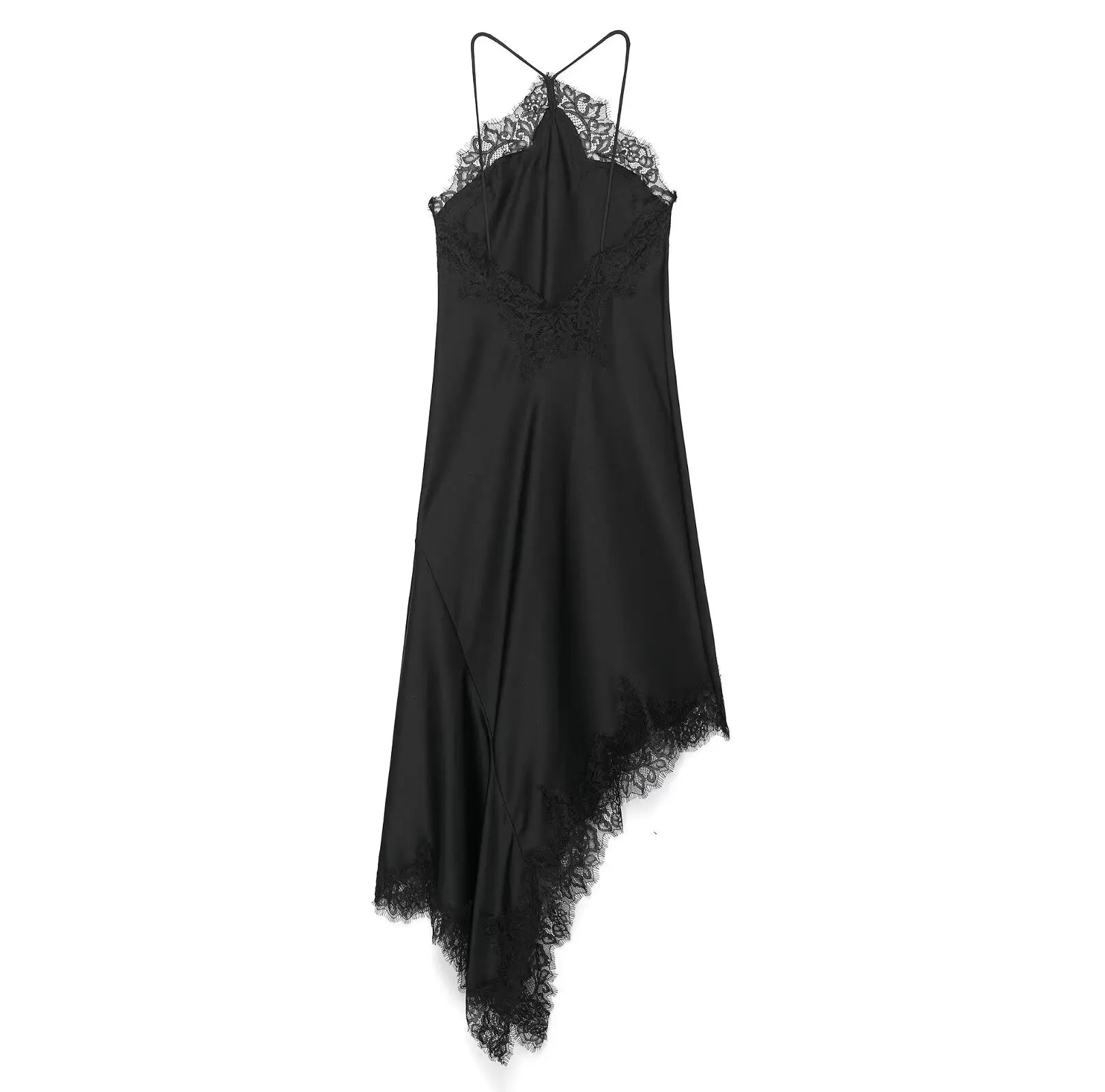 BSAY 2025 Summer New Product Women's Lace Decorative Satin Texture Strap Sexy Dress with Hanging Neck and Asymmetric Bottom