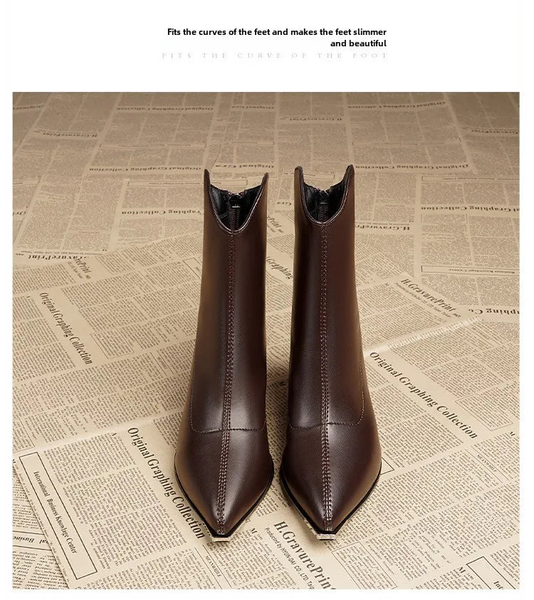 Women Leather Boots Luxury Pointed Brand Toe Chelsea Ankle Boots Trendy High Heels Zipper Goth Pumps Shoes French Women's Boots