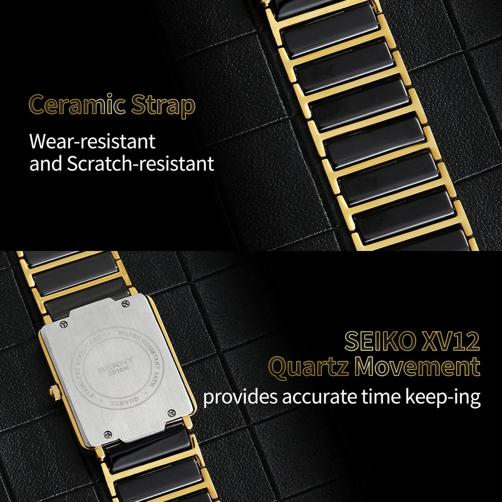 BERNY Ceramic Quartz Men Watch Fashion Luxury Rectangle Wristwatch XV12 Waterproof Calendar Diamon Black Gold Couple Gifts Watch