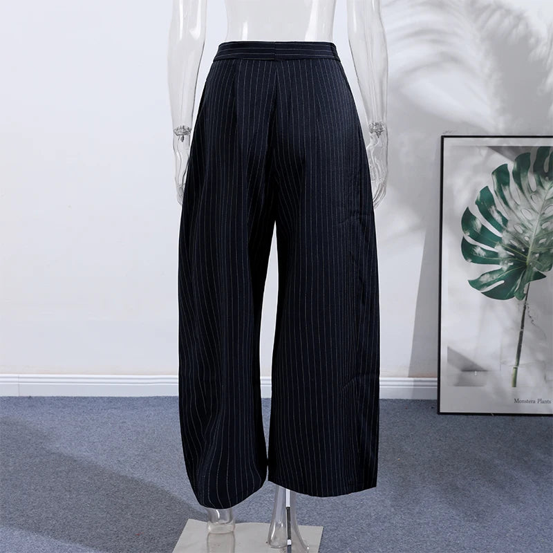 Casual Striped Loose Pants Women High Waist Pleated Straight Long Wide Leg Trousers Female 2025 Fashion Autumn Lady Bottoms