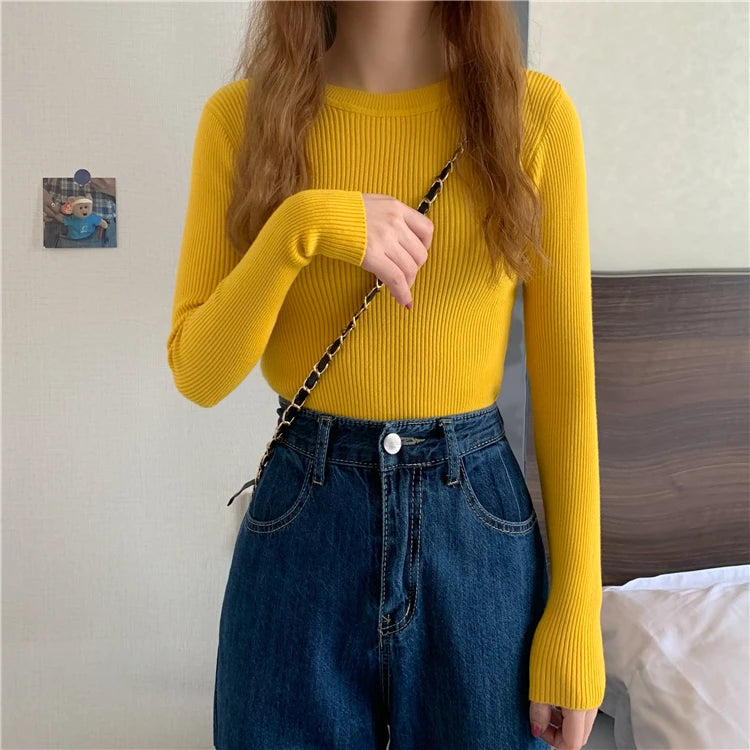 2025 New Women Sweater Autumn Winter Long Sleeve Pullover Basic Top Fashion O-neck Elastic Female Winter Solid Knitted Jumper