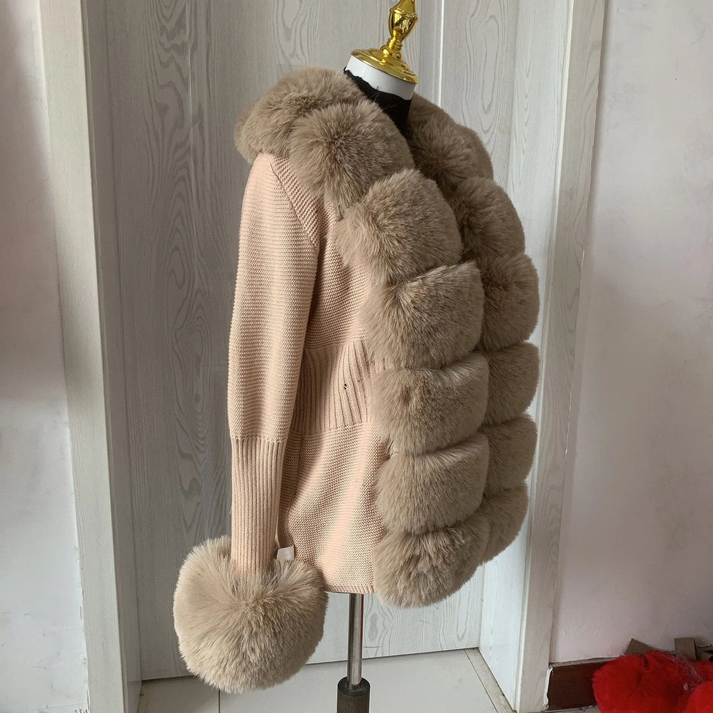 Women Faux Fur Knit Sweater cardigan Spring Autumn elegant Knitted sweater with faux fox fur collar Ladies Fashion Coat fur coat