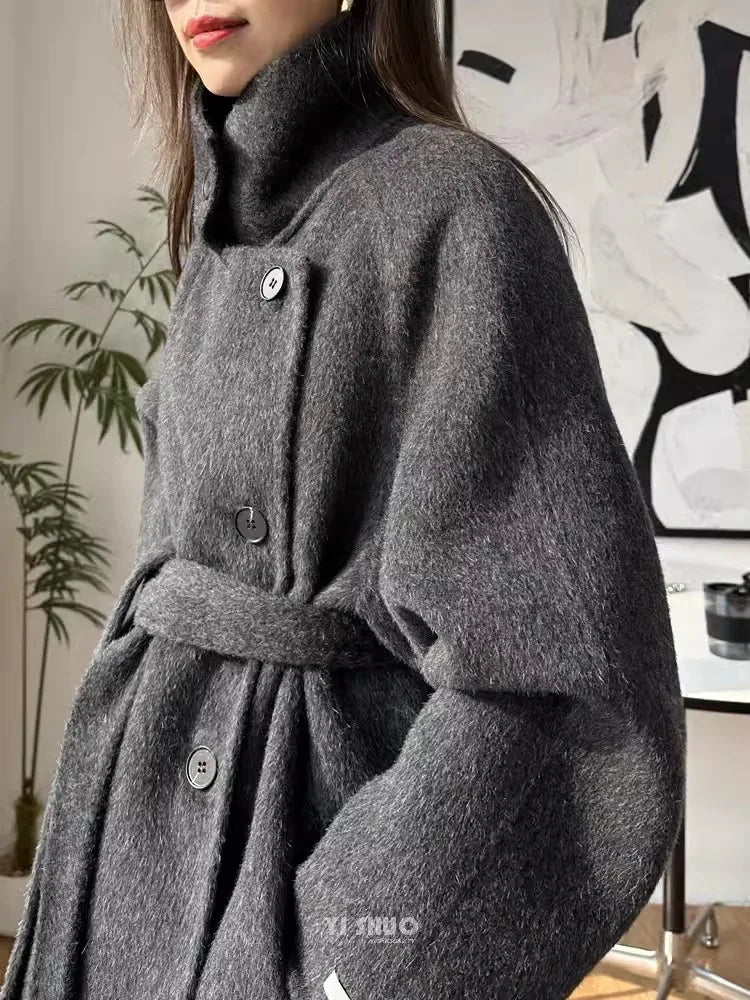 Korean Fashion Dark Gray Stand Collar 100%Wool Coat Women Long Winter Jacket