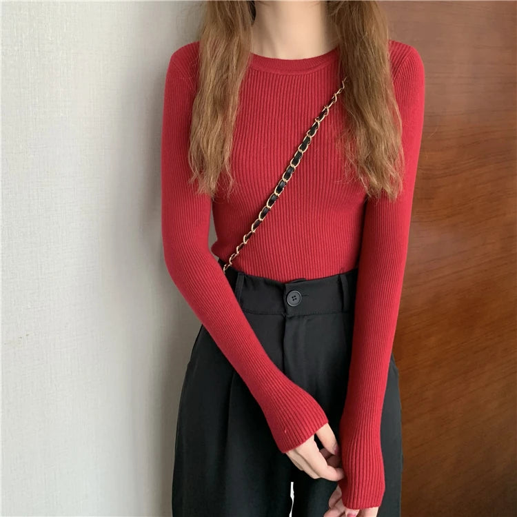 2025 New Women Sweater Autumn Winter Long Sleeve Pullover Basic Top Fashion O-neck Elastic Female Winter Solid Knitted Jumper