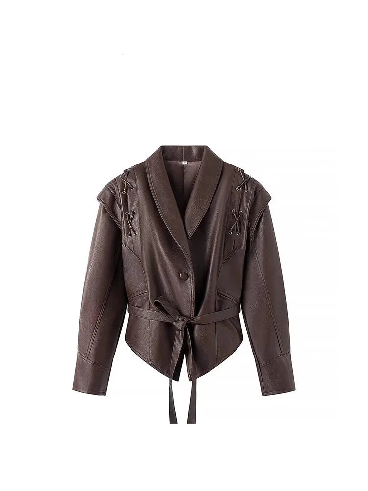 Mauroicardi Spring Autumn Short Retro Brown Pu Leather Jacket Women Sashes Lace Up Luxury Designer Emo Clothes European Fashion