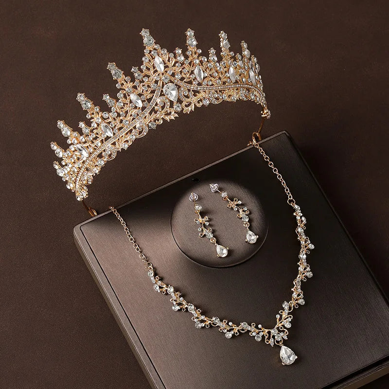 Bridal Wedding Jewelry 4-piece Set, Alloy Crystal Crown&Crystal Necklace&Earrings Women's Classic Wedding Tiaras