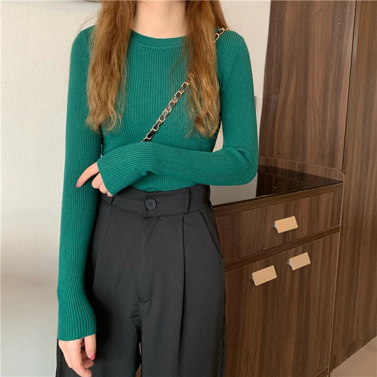 2025 New Women Sweater Autumn Winter Long Sleeve Pullover Basic Top Fashion O-neck Elastic Female Winter Solid Knitted Jumper