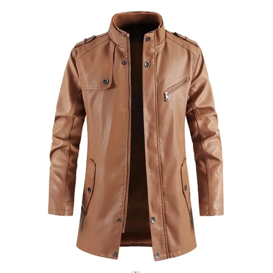 Men's Thick Fleece Winter Leather Jacket Coat Long Outwear Fashion Warm Casual Vintage Clothing for Men Steampunk Biker Jaqueta