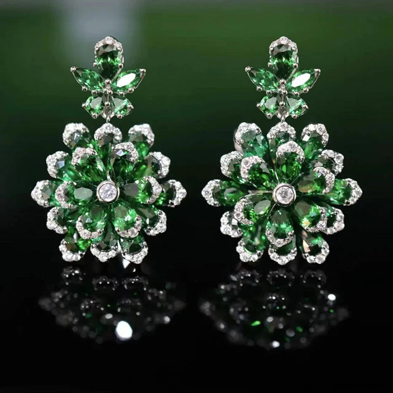 Luxury Silver Color Blue/Red/Green Crystal Jewelry Sets For Women AAA Zircon Wedding Party Elegant Rings Earrings Necklaces