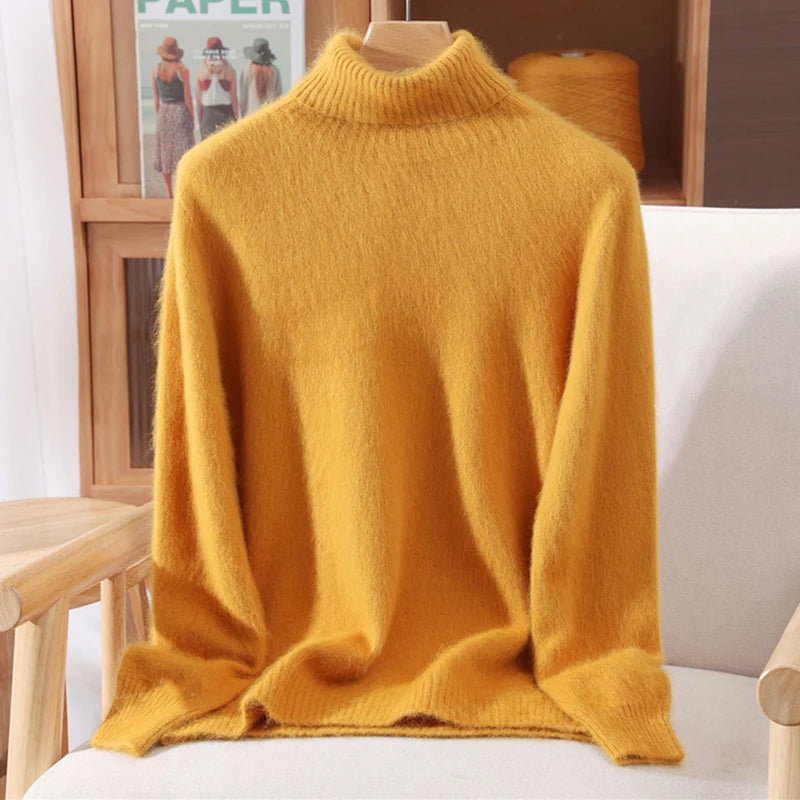 Autumn And Winter New 100% Mink Cashmere Sweater Ladies' High Lapel Solid Color Padded Pullover Wool Knitted Bottoming Shirt