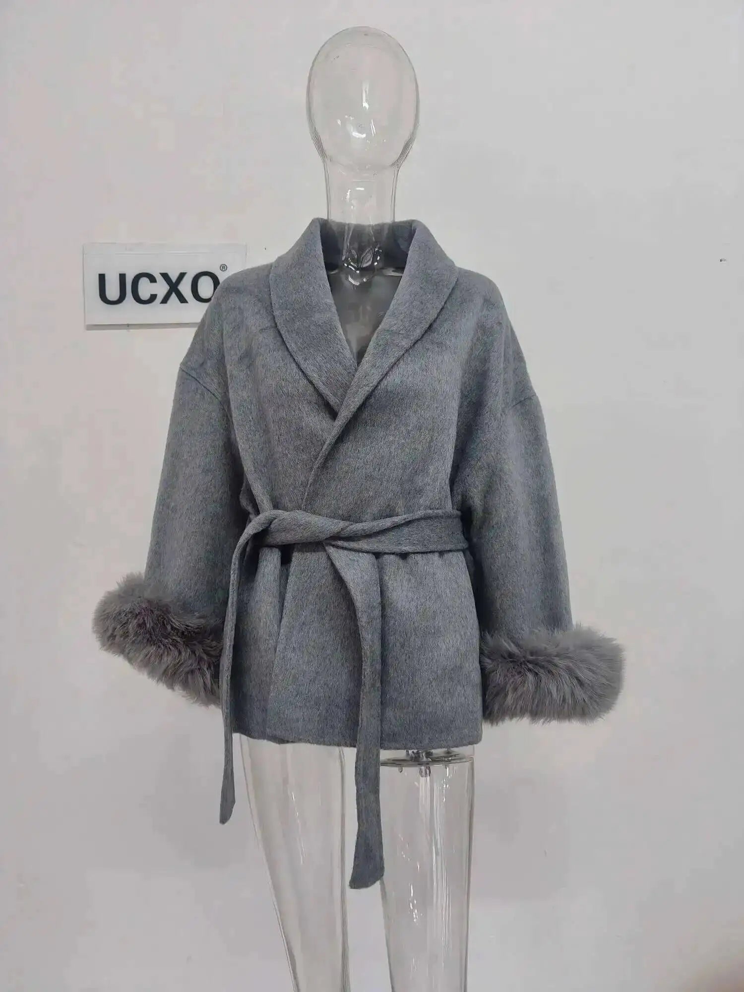 UCXQ Elegant OL Office Lady Overcoats Fur Patchwork Long Sleeve Woolen Coat Beautiful Women's Clothing Jacket Autumn 2025 Winter