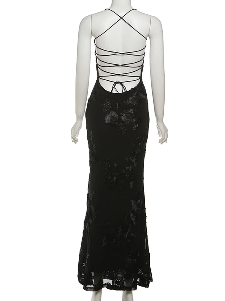 Nibber Elegant Flower Embroidery Maxi Dress Women Low-Neck Cross Bandage Backless Summer Street Trend Skinny Holiday Vestidos