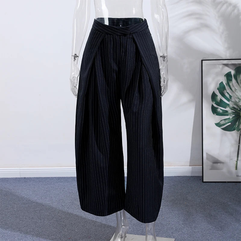 Casual Striped Loose Pants Women High Waist Pleated Straight Long Wide Leg Trousers Female 2025 Fashion Autumn Lady Bottoms