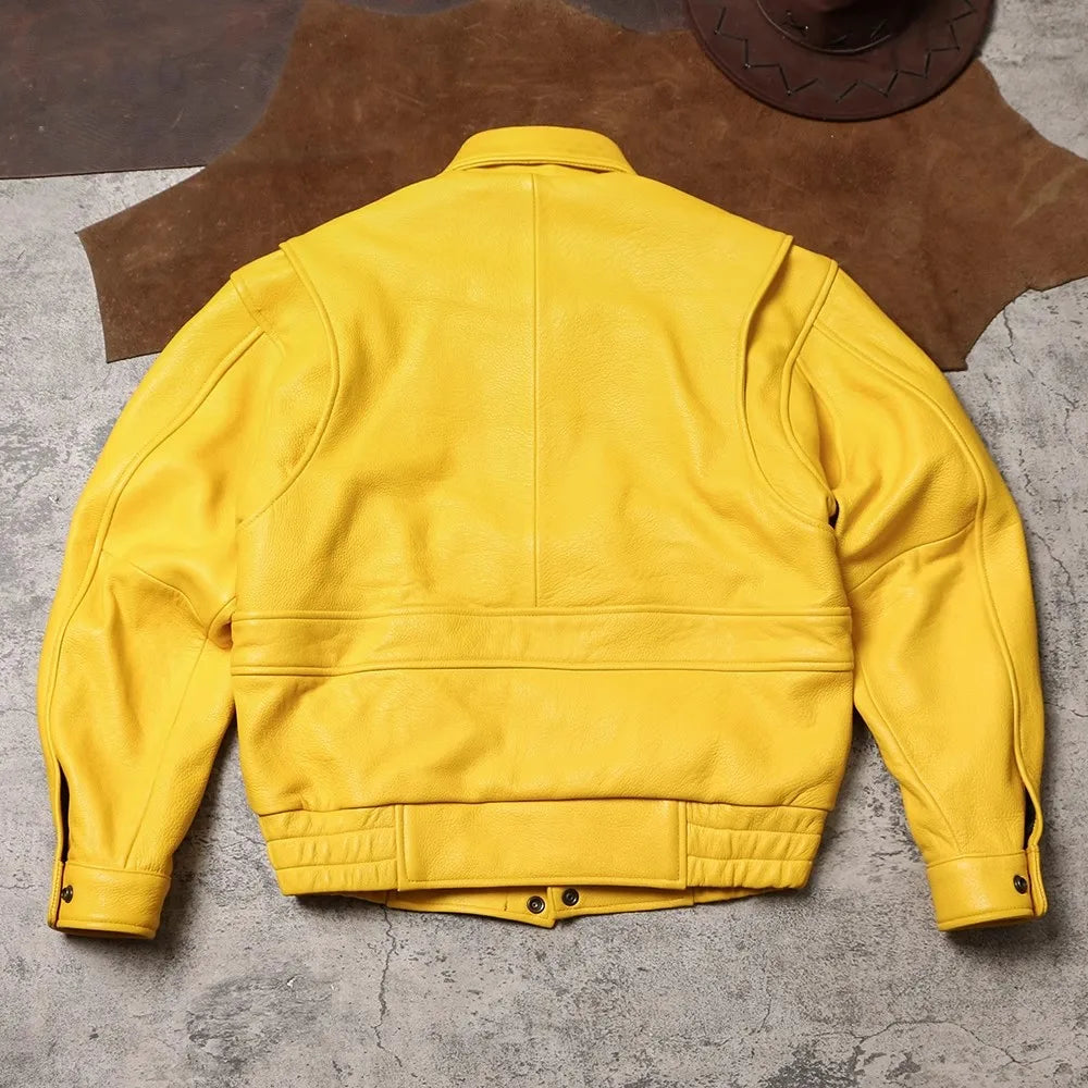 Mauroicardi Spring Autumn Cool Handsome Short Yellow Soft Pu Leather Jacket Men Turn-down Collar Luxury Designer Clothes 2025