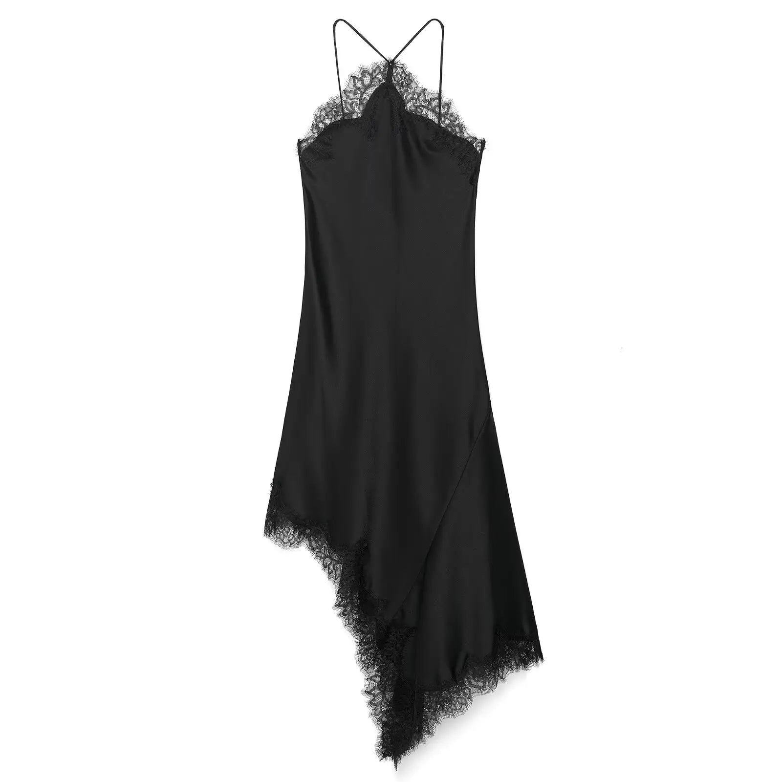 BSAY 2025 Summer New Product Women's Lace Decorative Satin Texture Strap Sexy Dress with Hanging Neck and Asymmetric Bottom