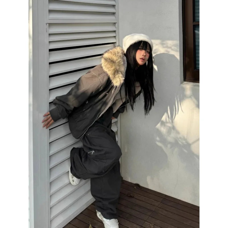 Y2k Street Vintage Warm Cardigan Loose Hoodie Women Autumn Winter Fashion Fur Collar Hat Hoodie Street Zipper Sweatshirt