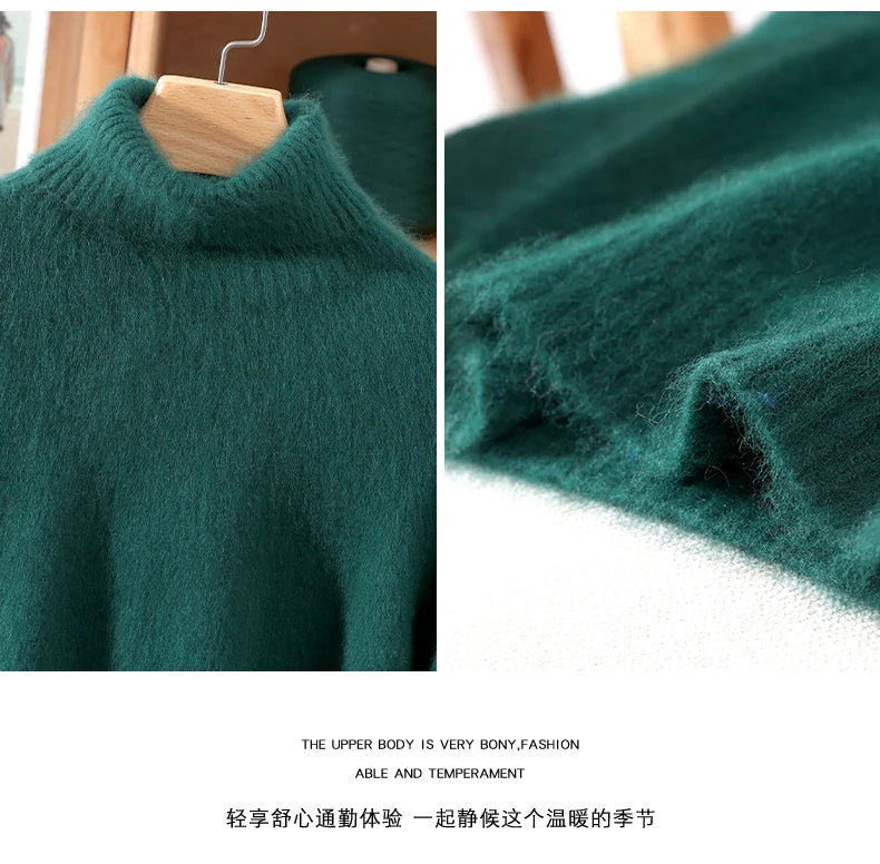 Autumn And Winter New 100% Mink Cashmere Sweater Ladies' High Lapel Solid Color Padded Pullover Wool Knitted Bottoming Shirt