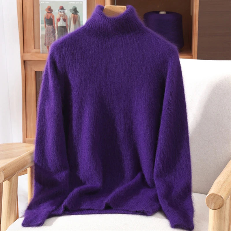 Autumn And Winter New 100% Mink Cashmere Sweater Ladies' High Lapel Solid Color Padded Pullover Wool Knitted Bottoming Shirt