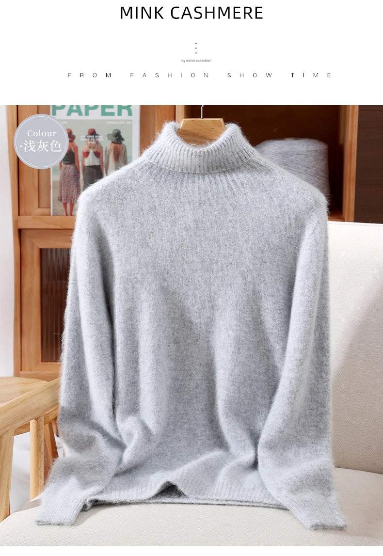 Autumn And Winter New 100% Mink Cashmere Sweater Ladies' High Lapel Solid Color Padded Pullover Wool Knitted Bottoming Shirt