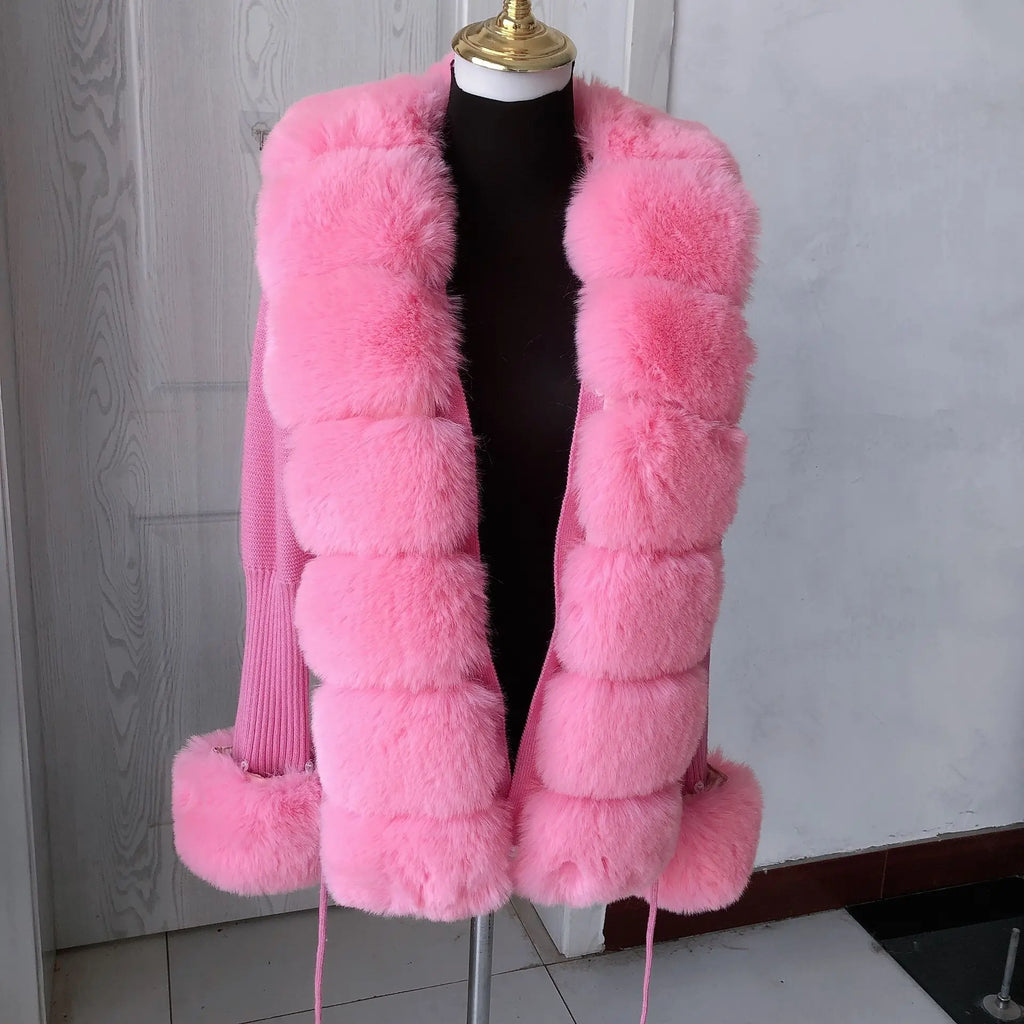 Women Faux Fur Knit Sweater cardigan Spring Autumn elegant Knitted sweater with faux fox fur collar Ladies Fashion Coat fur coat