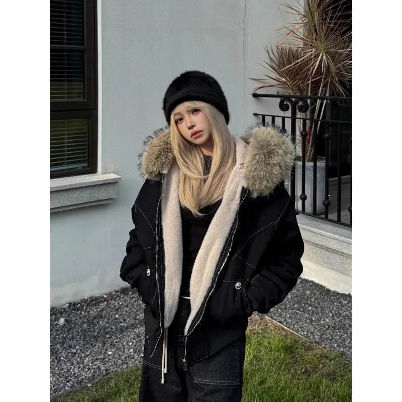 Y2k Street Vintage Warm Cardigan Loose Hoodie Women Autumn Winter Fashion Fur Collar Hat Hoodie Street Zipper Sweatshirt