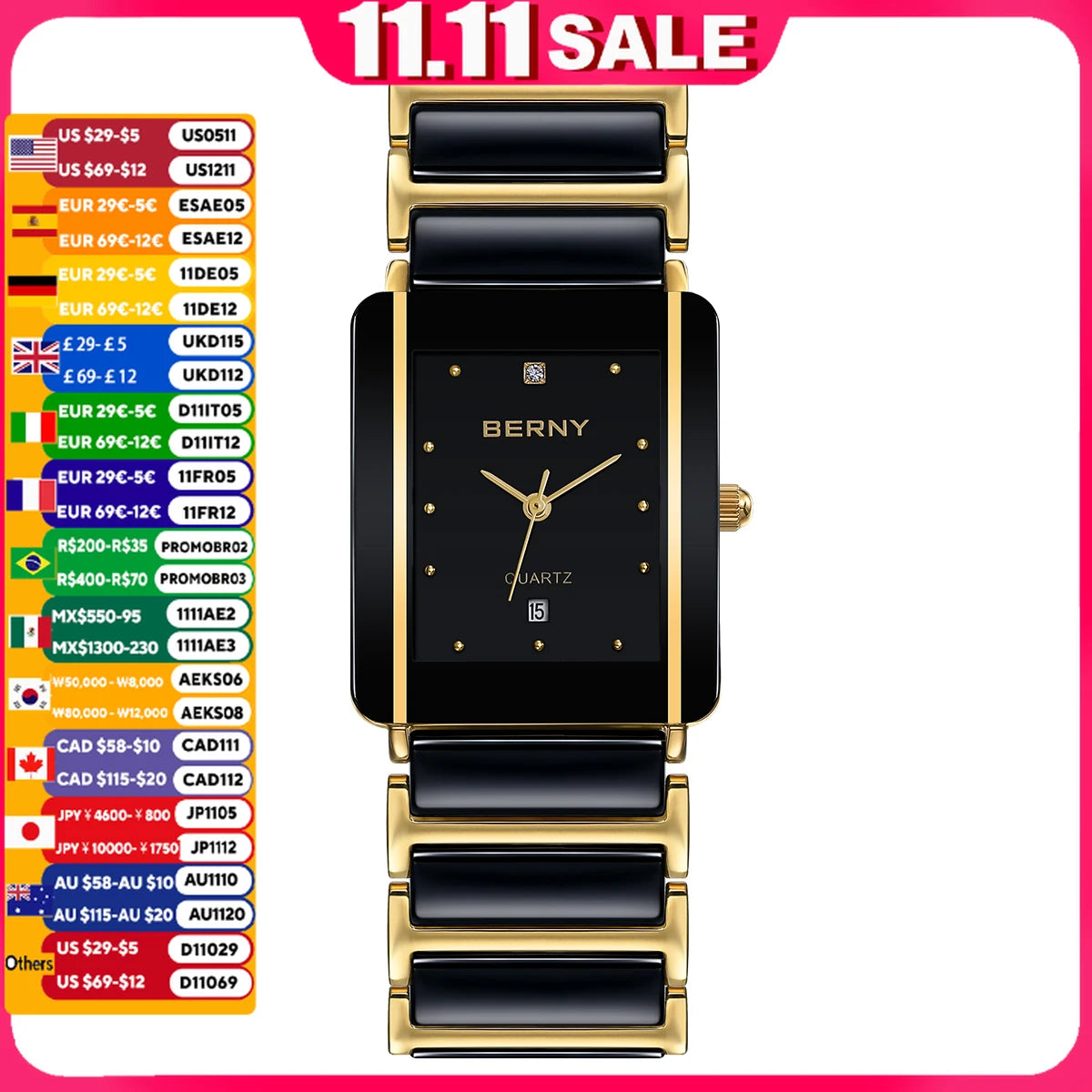 BERNY Ceramic Quartz Men Watch Fashion Luxury Rectangle Wristwatch XV12 Waterproof Calendar Diamon Black Gold Couple Gifts Watch