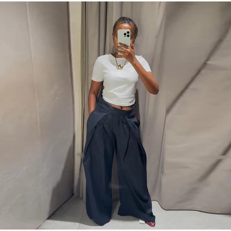 Casual Striped Loose Pants Women High Waist Pleated Straight Long Wide Leg Trousers Female 2025 Fashion Autumn Lady Bottoms