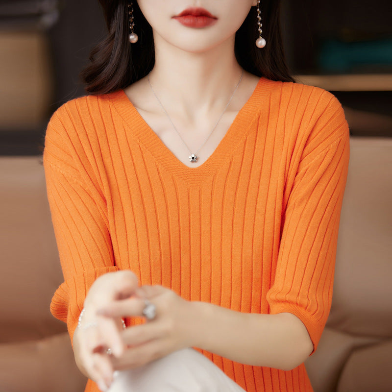 Women's Sweater Spring Summer Short Sleeve V-neck Knit Shirt Casual Korean Pullovers Stripe Bottoming Shirt Slim Fit Jumpers