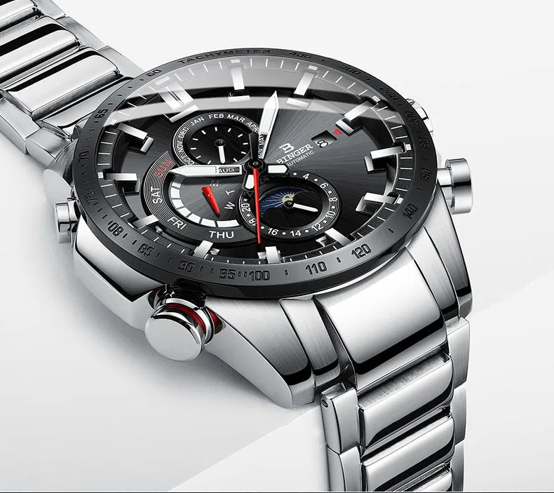 Genuine Luxury Switzerland BINGER Brand Mens Watches Automatic Mechanical Luminous Waterproof Running Calendar Male Moon Phase