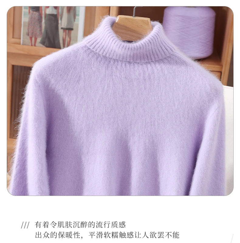 Autumn And Winter New 100% Mink Cashmere Sweater Ladies' High Lapel Solid Color Padded Pullover Wool Knitted Bottoming Shirt