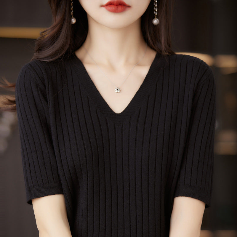 Women's Sweater Spring Summer Short Sleeve V-neck Knit Shirt Casual Korean Pullovers Stripe Bottoming Shirt Slim Fit Jumpers