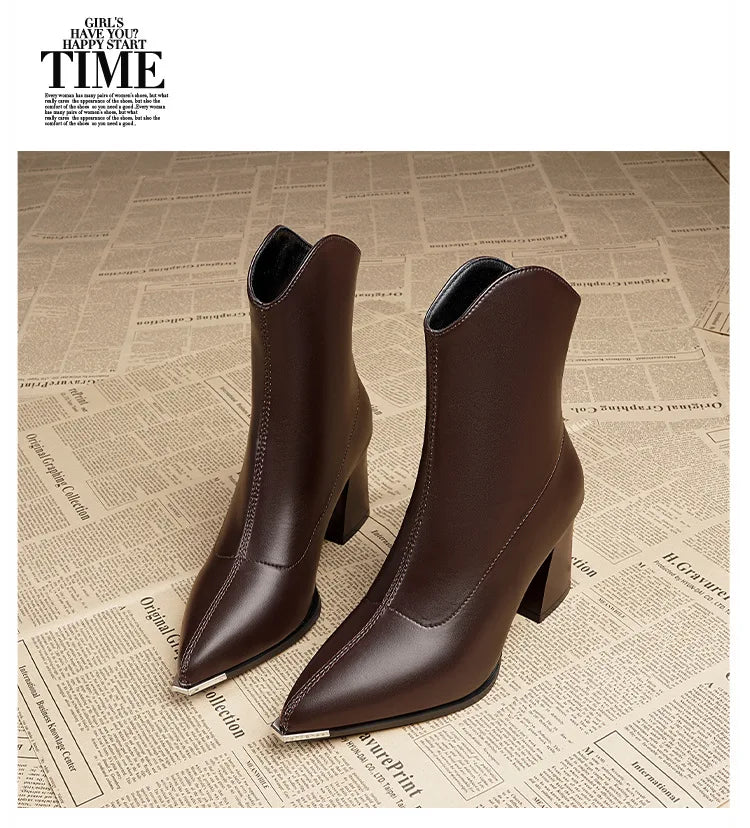 Women Leather Boots Luxury Pointed Brand Toe Chelsea Ankle Boots Trendy High Heels Zipper Goth Pumps Shoes French Women's Boots