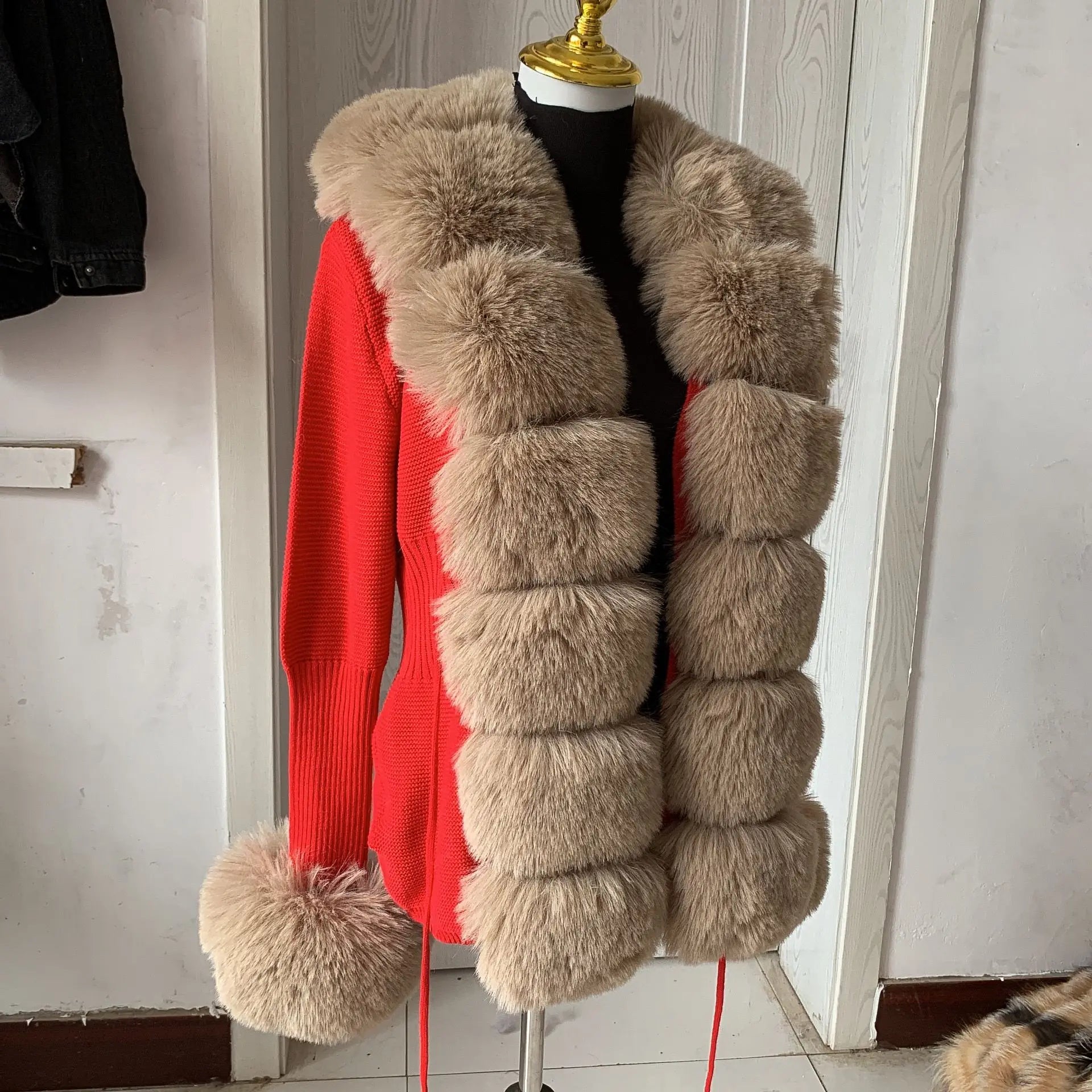 Women Faux Fur Knit Sweater cardigan Spring Autumn elegant Knitted sweater with faux fox fur collar Ladies Fashion Coat fur coat