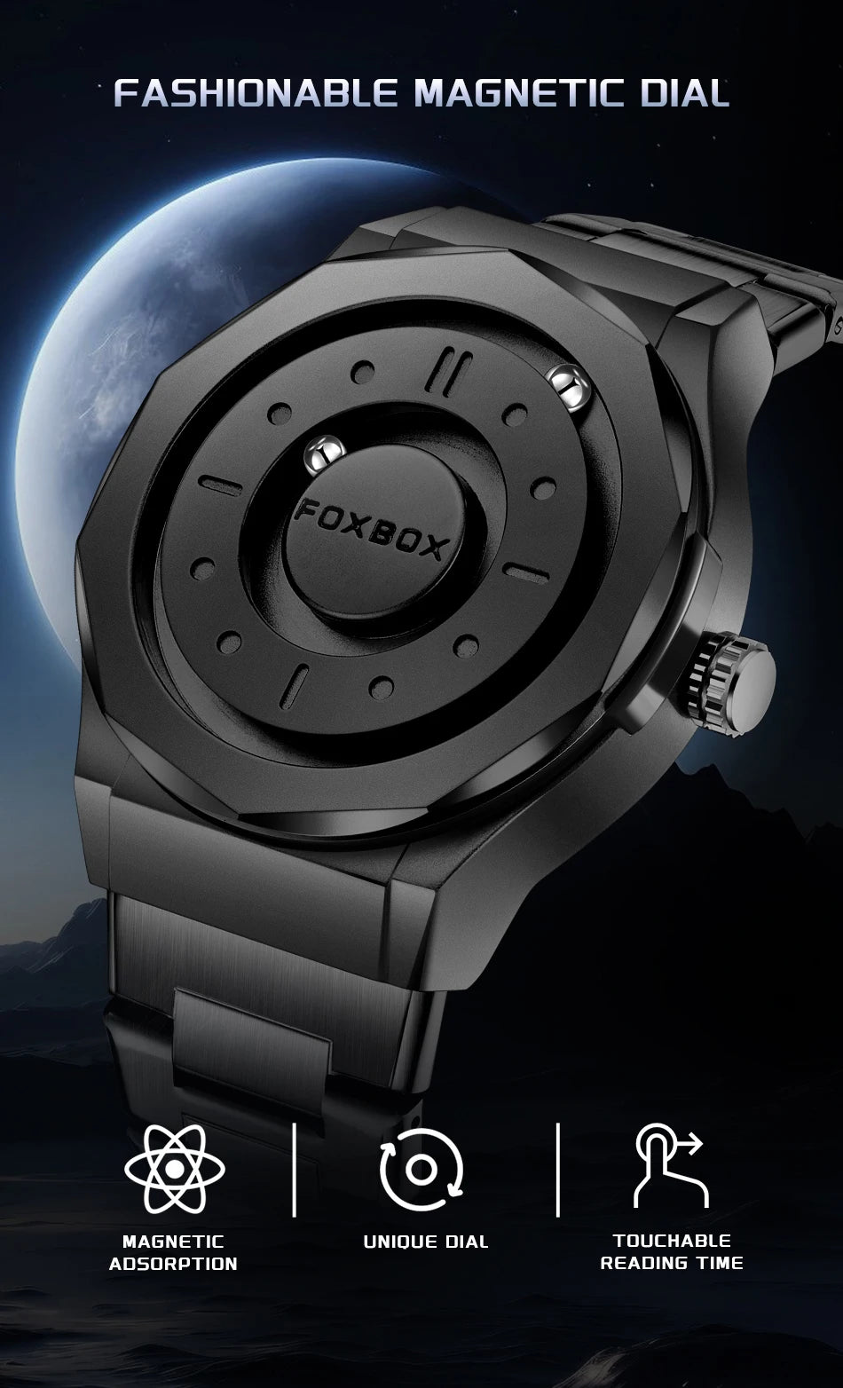 FOXBOX Creative Scrolling Pointer Magnetic Force Men's Quartz Wristwatches Outdoor Sports Waterproof Watch Men Relogio Masculino